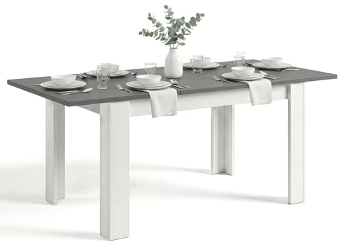 duehome | Mesa de Comedor Extensible, Mesa Rectangular, Modelo Sira, Acabado en Blanco Artik y Gris Grafito, Medidas: 140-190 cm (Largo) x 90 cm (Ancho) x 78 cm (Alto)