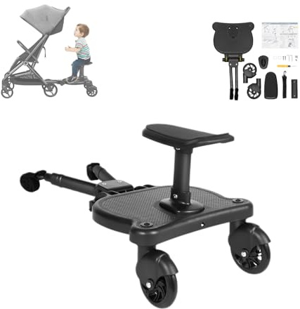 awolsrgiop Buggy Board mit Sitz, Trittbrett für Kinderwagen Universal, Kiddy Board, abnehmbarer Sitz, 25 kg Tragkraft, 360° PU Rollen, für Kinder von 2-6 Jahren, Kinderwagen Zubehör, Schwarz