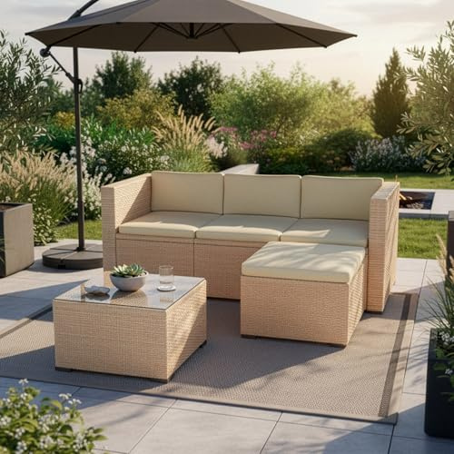 Juskys Lounge in polyrattan Punta Cana M resistente alle intemperie con divano, poltrona, sgabello, tavolo e cuscini - 3-4 persone - set di mobili da giardino lounge crema/sabbia