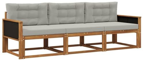 vidaXL Outdoor-Sofagarnitur mit Kissen 3 pcs Natur und Hellgrau, Akazienholz Sofa Set für draußen, modernes Loungemöbel, Flexibler Gartenplatz, wetterfeste Einrichtung