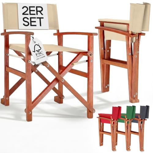 Casaria® Regiestuhl, Klappbar, 2er-Set aus Eukalyptusholz FSC-Zertifiziert® | Klappbar, Für Garten Balkon Terrasse und Wohnzimmer, Kissen, waschbarer Bezug, Sitzhöhe 45cm, Sitzfläche 46x47cm, creme