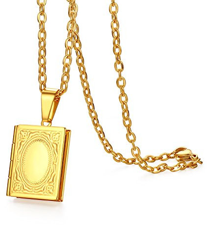 JewelryWe Schmuck Edelstahl Foto Medaillon zum Öffnen Photo Bilder Amulett Gold Quadrat Quadratisch Book Buch Anhänger Halskette Kette für Herren Damen - Kostenlose Gravur