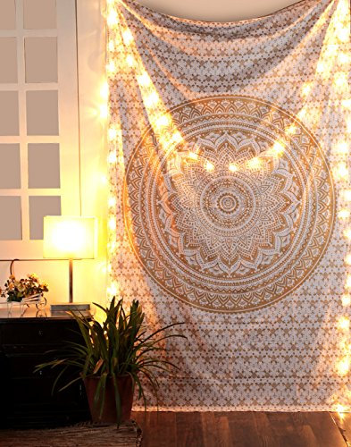 RAJRANG BRINGING RAJASTHAN TO YOU Ombre Tapisserie - Weiß und Gold - 127x152 Cm - goldene Mandala Wandbehang Tapisserien für Männer und Frauen, elegante Boho Raumdekoration Badetuch