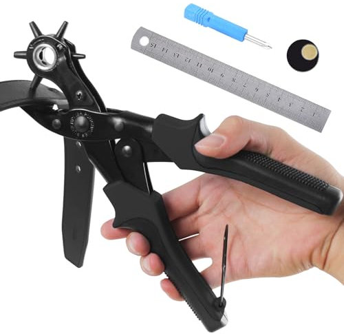 Diyife Pince Perforatrice avec 6 Taille du Trou Cadran [Upgraded], Perforatrice Cuir, Poinçon À Ceinture Professional avec Tige de Meulage, pour Cuir, L'artisanat,Plastique,Feutre,Caoutchouc (Noir)