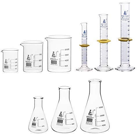 Eisco Chemistry Lab Glassware Set, 9 Pieces - Includes 3 Beakers, 3 Erlenmeyer Flasks & 3 ASTM, Class A Graduated Cylinders - Borosilicate 3.3 Glass – Labs