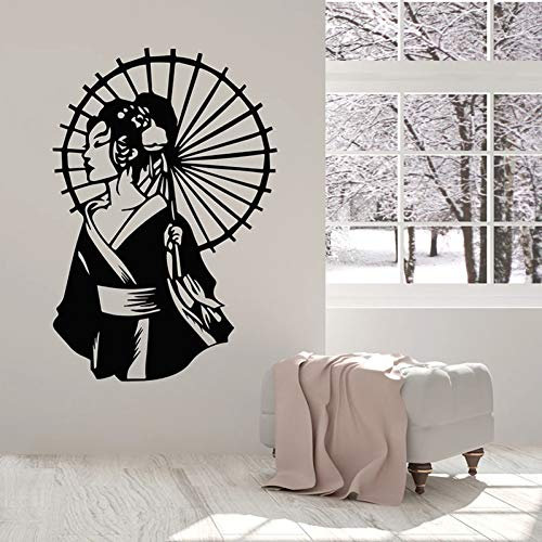 SUPWALS Wandtattoos Beauty Geisha Wandtattoo Mit Regenschirm Kimono Asiatischen Stil Vinyl Fenster Aufkleber Frau Schlafzimmer Salon Innendekor Wandbild 74X109 Cm