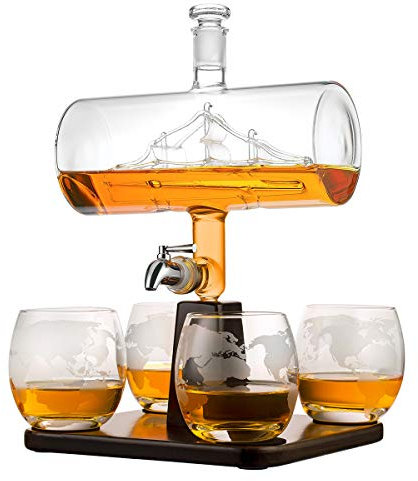 Juego de 4 vasos de whisky de 320 ml jarra de cristal con barco de vela capacidad de 1000 ml grifo de acero inoxidable sin plomo cierre hermético con bandeja de madera idea de regalo para hombres