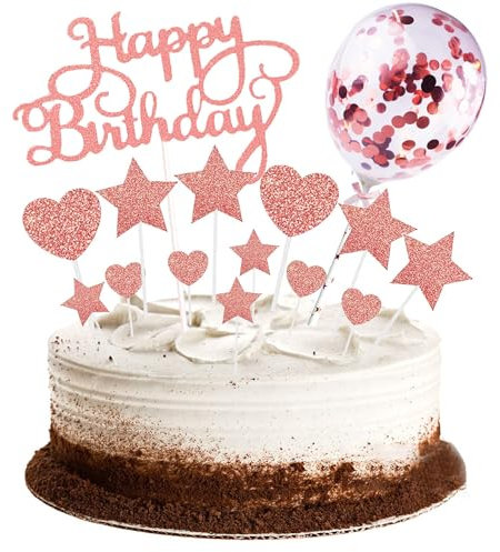 Kuchendeko, 15PCS Geburstagstorte Deko Kuchendeckel,Tortendeko Sterne Herz Cupcake Topper mit Glitzer Ballon Geburtstag Cupcake Kuchendekoration geburtstag mädchen Geburtstagsfeier Dekor(Rose Gold)