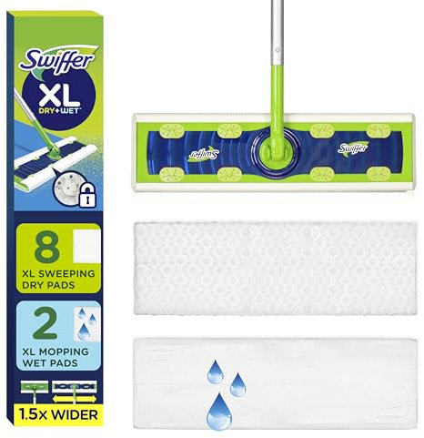 Swiffer Sweeper Dry + Wet XL Kit de Balayage, 1 balayeuse, 8 Chiffons secs, 2 Chiffons humides