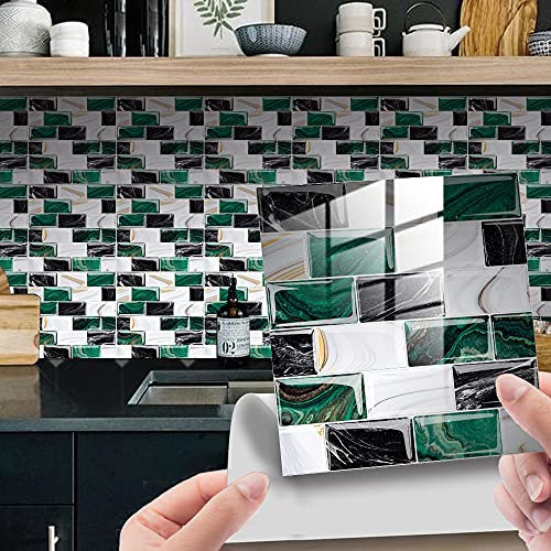 25pcs Kitchen Bathroom Wall Tile Stickers, Hiser Square Marble Mosaic Scales Style Waterproof Decals Sticker for Kitchen Living Room Bathroom Home DIY Decor Self-Adhesive (Teal,15x15cm)