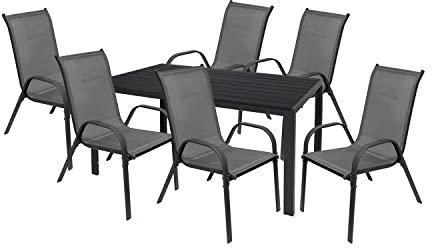 Mojawo Hochwertige Gartengarnitur 7-teilig Gartentisch 150x80cm Anthrazit Tischplatte aus WPC Grau + 6 Stapelstühle Textilen Anthrazit Gartenmöbel