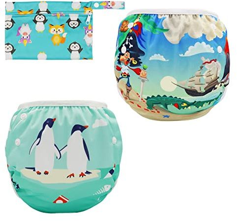 FenFang Baby Swim Nappies Reusable, 2 Pack Adjustable Swimming Nappy Pants for Boys & Girls, Swim Diapers Washable Nappy Cover Swimsuit Swimwear for Lessons Holiday Beach 0 6 12 24 36 Months