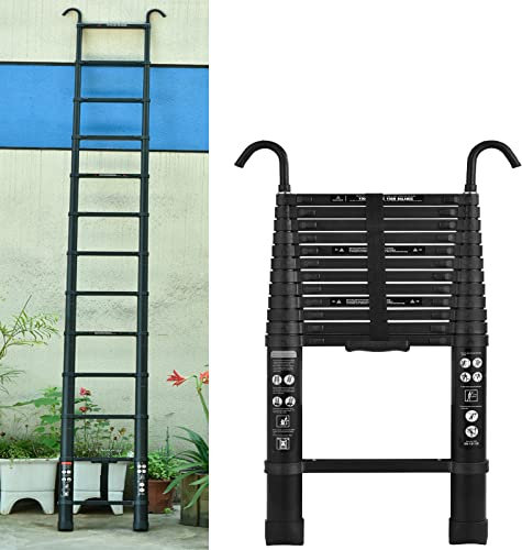 3,8 Aluminium Teleskopleiter mit Haken, Teleskopleiter Leiter Ausziehbar Aluminium, Stehleiter Mehrstufiger Sicherheitsschalter, Aluleiter Rutschfester Mehrzweckleiter, 150kg/330 Pfund Belastbarkeit