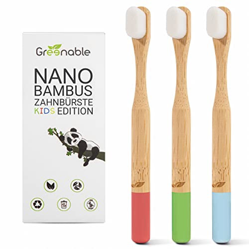 Greenable ® Kinder Nano Zahnbürste aus Bambus [3er Set] – 10.000 Extra weiche Borsten – Zahnfleischschonend - 100% BPA-frei - Bamboo Toothbrush - Vegane & umweltfreundliche Handzahnbürste