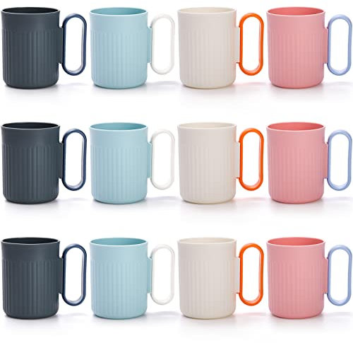 Jucoan 12 Pack Reusable Plastic Coffee Mugs,480 ml Unbreakable Plastic Cups with Handle for Coffee, Tea, Drinks, BPA Free Healthy Drinking Mugs for Kids, Adults, 4 Colors