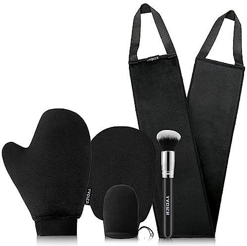 YVOIER Leakproof-lined Tanning Mitt set - Luxury Velvet Fake Tan Mitt, Streakless Back Tanner Applicator for Lotion, Tanning Brush, Exfoliating Glove, Face Mit