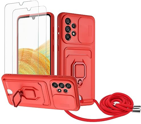 Zallagre Handykette Hülle kompatibel mit Samsung Galaxy A33 5G.[2 Stück] Schutzfolie Glas,Kameraschutz,360 Grad Ringhalter Stand,Kartenfach,Silikon hülle-Rot