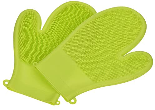 QUARKZMAN Lavavajillas Guantes con Estropajo Silicona Limuds Guantes Doble Cara Cepillo para Lavado Cocina Baño, Pack de 2 Verde Claro