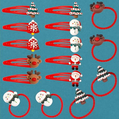 Haarschmuck Haarspangen Weihnachten, 16 Stück Haarclips Haarklammern Haargummis Geschenke für Kinder Mädchen Frauen Damen, Weihnachts Deko Haar Accessoires Rentier Spangen Haarnadeln Haarreif (Rot)