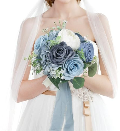 HOMENERGY Hochzeitssträuße für Braut – Künstliche Brautsträuße vorgefertigte Rosen Blumensträuße für Vintage-Hochzeit oder Tafelaufsätze Dekoration – Staubblau und Weiß