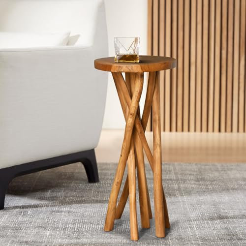JOLLYMER Runder Beistelltisch, 30 cm, Teakholz, Pflanzenständer aus Teakholz, Akzenttisch für Wohnzimmer, Schlafzimmer, Hof, 69,8 cm hoch