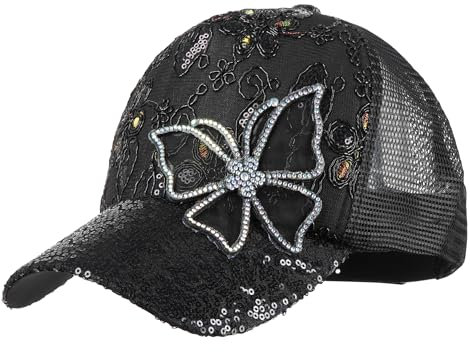 Meliyya Mesh Baseball Cap Strass Schmetterling Baseballkappe Sommer Pailletten Schildkappe Herren Damen Einheitsgröße Verstellbar, Schwarz