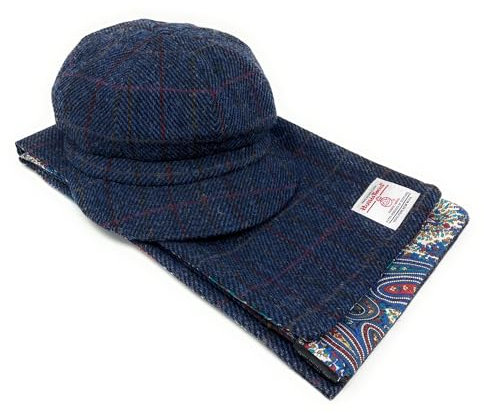 Scott and MacKenzie Harris Tweed Baker Boy Mütze und Schal Set in Marineblau mit rotem Overcheck, blau, One size