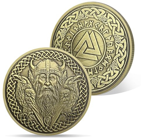 AtSKnSK Wikinger Münze Odin Rabe Amulett, Geschenk für Männer und Frauen | Odin Rabe, Huginn & Muninn, Nordische Runen, Mythologie, Krieger Symbol, Gedenkmünze, Medaillon