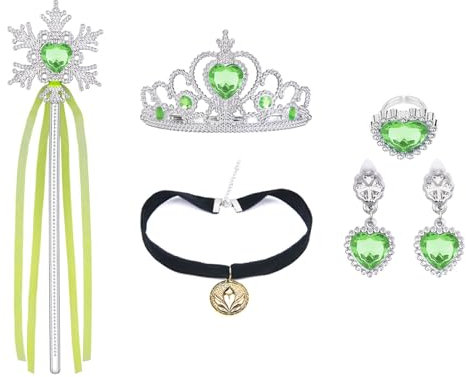 URAQT 5 Pièces Accessoires de Costume Anna avec Couronne, Baguette, Collier, Boucles d'Oreilles Vertes et Bague pour Noël, Fêtes d'Anniversaire, Halloween, Noël, Cosplay