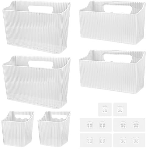 6 Pack Storage Organizer Bins Wall Mounted Organizer Basket Stackable Fridge Cabinet Door Bin Plastic Hanging Baskets with Self-adhesive Hooks for Kitchen Bathroom Pantry Freezer Under Sink - BPA Free