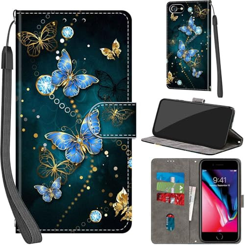 For iPhone SE 2020/2022 Leather Wallet Case,Flip Protective Book Cover with Card Holder,Stand Wrist Strap Magnetic Flip Cover Compatible with for iPhone 7/8 Case -Blue Butterfly