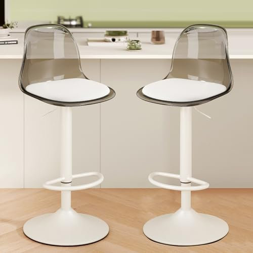 Drehbare Barhocker Aus Acryl, 2Er-Set, Barhocker Mit Verstellbarer ThekenhöHe Und Transparenter RüCkenlehne, Transparente Moderne Inselhocker Mit Metallbeinen, Kleines Pu-Kissen, FüR Bar, KüChe(Grau)