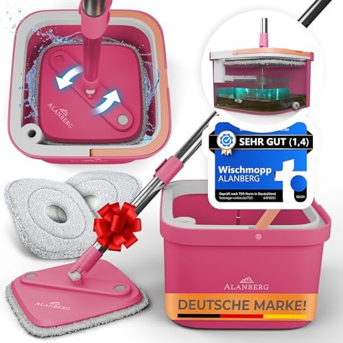 ALANBERG® Wischmopp Set mit Eimer – 2-Kammer-System zur Trennung von Schmutz- und Frischwasser – mit 160 cm Teleskopstange, Mikrofaser-Wischpads – Bodenwischer für alle Bodenarten, Rosa