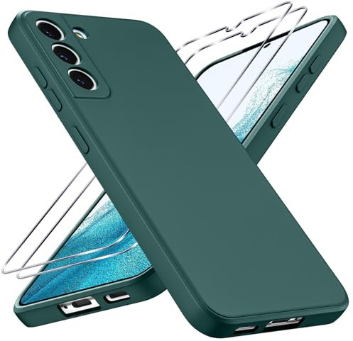 Coiwxmoi Coque pour Samsung Galaxy S22 5G avec 2 Pièces Verre Trempé, Ultra Mince Souple TPU Silicone Liquide Étui Protection Antichoc Anti-Rayures Bumper Housse pour Samsung S22 5G 6,1, Vert