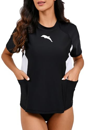 Halcurt UV Shirt Damen mit BH und Tasche Rash Guard UPF 50+ Kurzarm Badeshirt UV Schutz Schwimmshirt Schnell Trocknender Bademode Schwimmen XXL