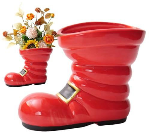 Santa Boots Vase Container | Cowboy Boots Planter for Christmas Flowers | Unique Holiday Decoration for Kitchen and Living Room | Realistic Red Planter for Home Decor