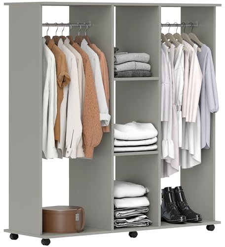 HOMCOM Double Open Wardrobe on Wheels, Bedroom Wardrobe with Clothes Hanging Rails, 3 Storage Shelves, Mobile Garment Rack for Cloakroom, Hallway, Grey