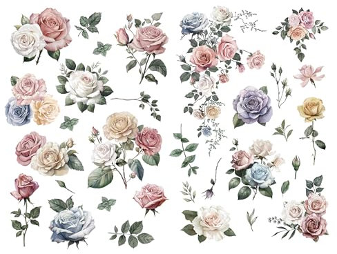 Joeyan Möbel Aufkleber, Floral Rub On Transfers für Kunsthandwerk, 2 Große Vintage Aquarell Rosen Design 43x30cm, DIY Home Decal auf Holz Glas Metall Leinwand Porzellan Papier Kunststoff, Rose Garten