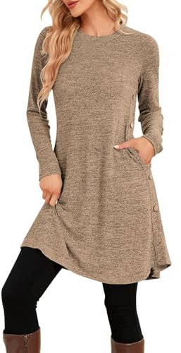 biJerou Sportset Damen Langarm Kleid Pulloverkleid Langarmkleid Knopf Lässiges Tunikakleid Mit Taschen - Kleider Elegant Rundhals Einfarbig Kleider Mit Knöpfen Langarm Freizeitkleid Abendkleid