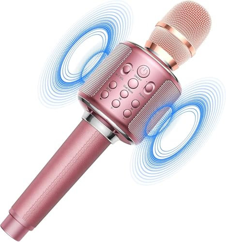 Bluetooth Karaoke Microphones for Kids & Adults, Wireless Rechargeable Mic with Built-in Stereo Speaker, Echo|Duet Mode|Recording|Music Playback, Premium Leather Handle, Portable Storage Case RoseGold