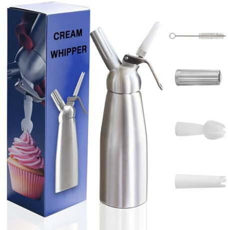 Professional Cream Whipper, 500ml Brushed Aluminium, 3 Nozzles (Straight, Tulip, Star), Compatible with N2O Gas Cartridges, Easy to Clean, Perfect for Whipped Cream & Dessert Decorations