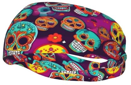 Sportliches dekoratives Schweißband, BROLEO mit Totenkopf-Druck, dehnbar, atmungsaktiv, weich und schweißableitend, Stirnband für Damen und Herren