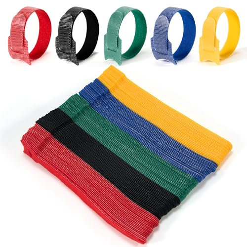 Elalove 100 Stück Kabelbinder Wiederverschließbar T-förmige Klettband Kabelorganizer für Kopfhörer Ladekabel PC Kabelmanagement, 5 Farben Mix,15 CM