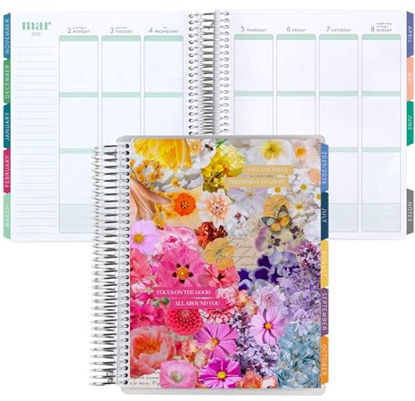 Lebensplaner mit Spiralbindung, 17,8 x 22,9 cm (Januar 2026 – Dezember 2026) – klassische Blumencollage, vertikales Layout, sechseckiges Thema, Platin-Spule