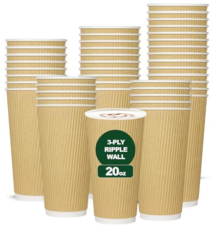 ECONX 100 X 20oz Kraft Ripple Paper Insulated Disposable Coffee Cups - Brown Hot Beverage Cup for Coffee, Tea, Cappuccino Leak-Proof Takeaway Coffee Cups for Home, Office and Cafes