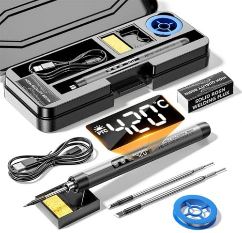 Fer à Souder Sans Fil, Température Réglable 200-450°C avec écran LCD, Recharge USB Electronique de Precision avec 3 Conseils de soudage, Barre de Soudure pour Réparation Électronique, Soudure et DIY