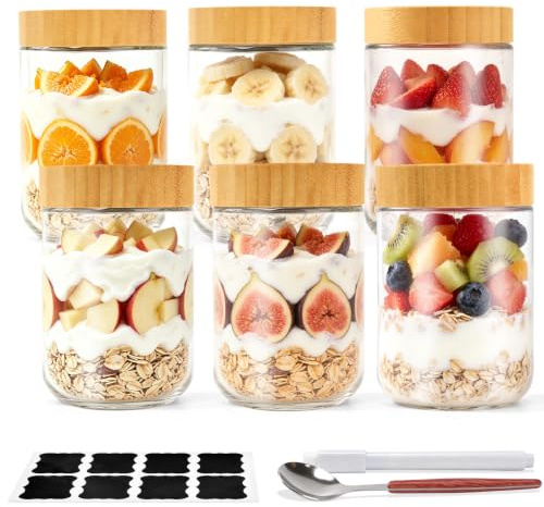 Overnight Oats Jars 500ml, 6 Pack Glass Containers with Bamboo Lids | Breakfast Pots for Meal Prep with Spoon | Glass Jars for Salad, Yogurt, Jam, Pudding, Nuts and Dry Food Storage