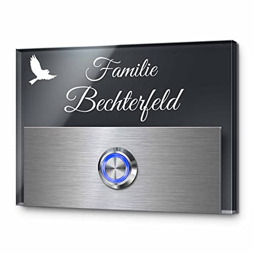 Türklingel mit Gravur LED-Klingelknopf und über 99 Motive 11x8 cm | Modell: Bechterfeld-Aa | gravierte Klingel aus Hochglanz Acrylglas und Edelstahl Klingelschild