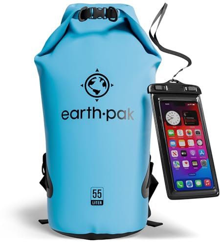 Earth Pak – Wasserdichter Packsack mit Schultergurt und wasserfester Handyhülle – Ideale Rolltop Tasche beim Kajak Fahren, Wandern, Camping, Angeln, Bootfahren und Rafting (Hellblau, 55L)