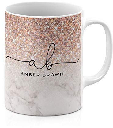 Tirita Personalised Mug Initial with Name, Custom Gift for Mum, Dad, Kids or Girls. Ombre Marble Rose Gold